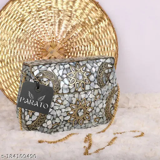 White mosaic style handmade metal clutch with chain strap