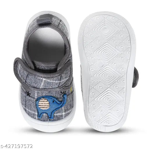 Grey Velcro slip-on shoes with anti-skid sole, featuring a cute cartoon elephant on side, suitable for children from 3 months to 25 years