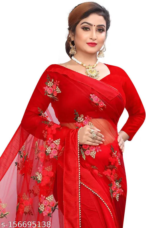 Beautiful net fabric saree with embroidered solid silk blouse, Indian wedding attire