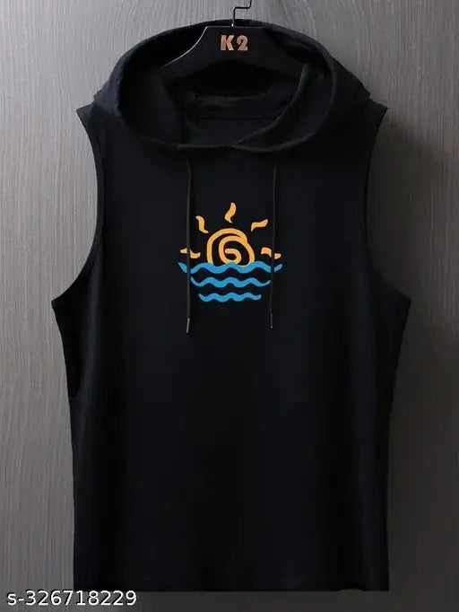 Black polyester active t-shirt for men, sleeveless with printed design. Cliffix brand. XL size, chest 44in, length 28in. Gym/sports wear from India