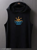 Black polyester active t-shirt for men, sleeveless with printed design. Cliffix brand. XL size, chest 44in, length 28in. Gym/sports wear from India