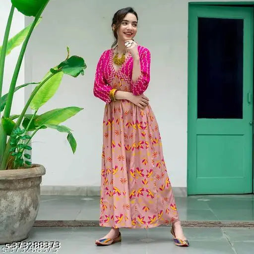 Pink anarkali kameez with floral print, women's ethnic wear party gown middi