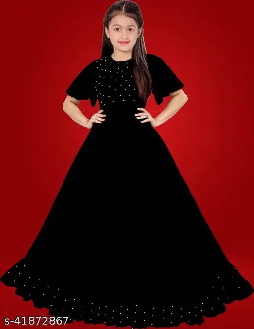 Black rayon ethnic gown for girls, solid pattern, short sleeves, pack of 1. India-made fashion clothing for teens