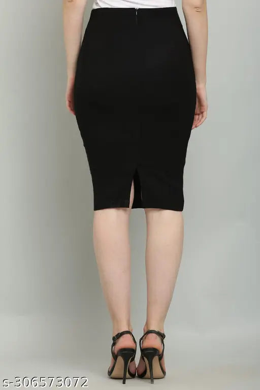 Women's solid pencil black cotton blend skirt, size 32-40 (waist 32-40in, length 19in)