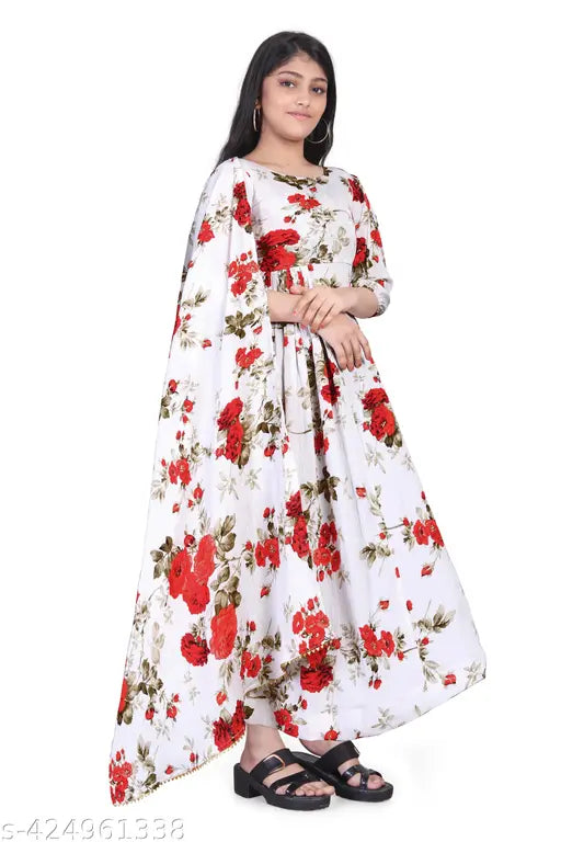 Stylish designer rayon gown with printed net, three-quarter sleeves, size 9-16 for young women