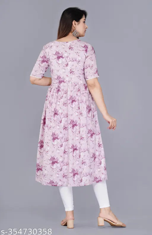 Purple rayon Alia cut kurti, women's floral print, short sleeves, India origin