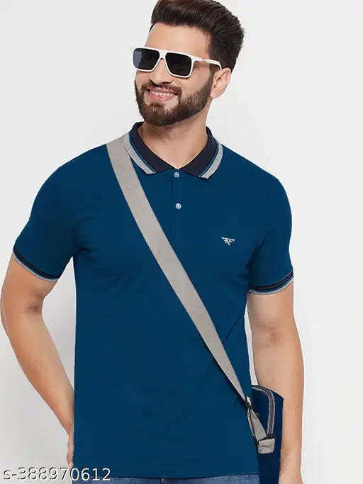 Men's solid polo collar t-shirt, printed design on polyester, short sleeves, size M (40in chest, 27in length), made in India