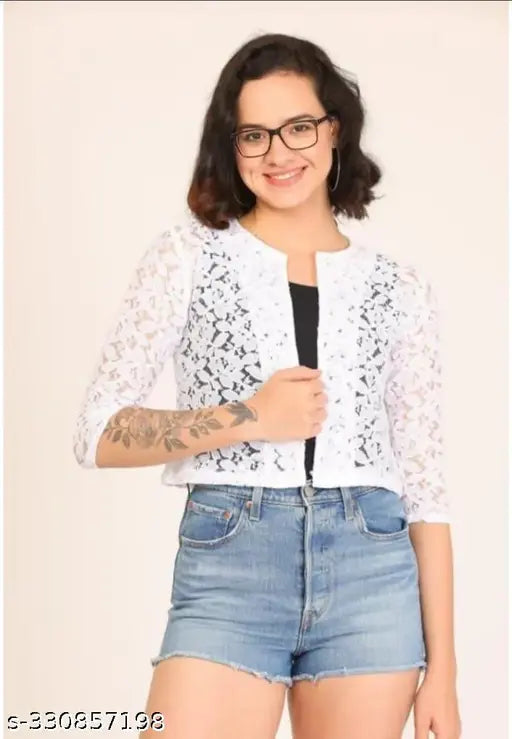 Premium white net shrug, self-design three-quarter sleeves, high-quality Indian fashion accessory