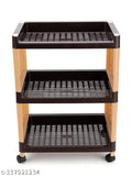 A three-tiered storage organizer with wheels and a brown and cream finish. The top tier features a rectangular grid design, while the bottom tiers have round grids