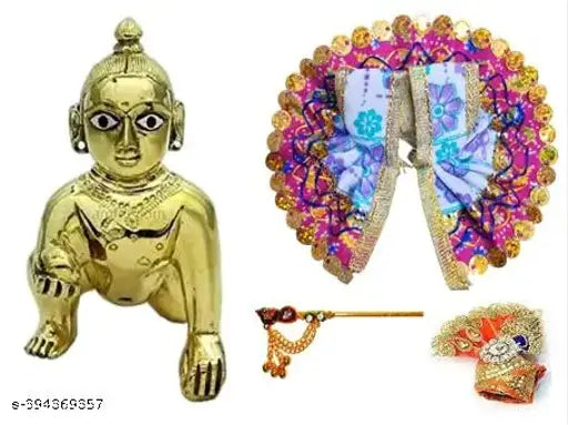 1No. Size Brass Laddu Gopal Thakur Ji Idol With Fancy Dress And Pagdi Basuri ( Size 1no. )