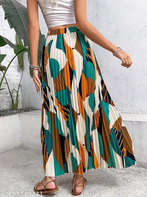 Colorful high waist pleated mid-length skirt