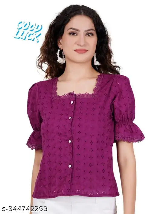 Maroon cotton crop top, self-design net pattern for girls. Sizes S-XL, suitable for casual or party wear