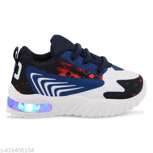 Blue, white, red casual kids' shoes with LED lights, Velcro straps, and lightweight design, suitable for indoor or outdoor wear