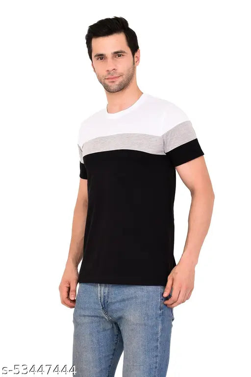 Classic cotton blend color block T-shirt for men, short sleeves, size M, India origin