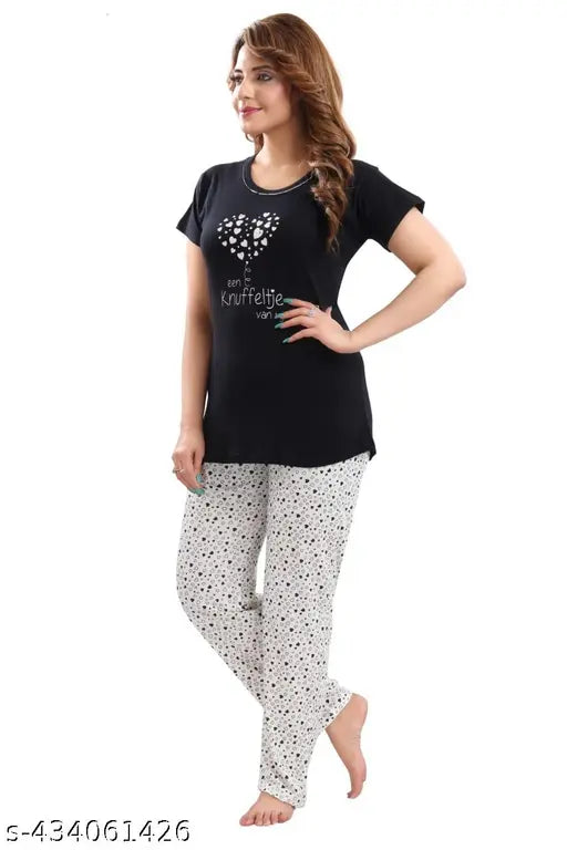 Printed cotton night suit with hosiery bottom, stylish and short-sleeved nightwear for men or women
