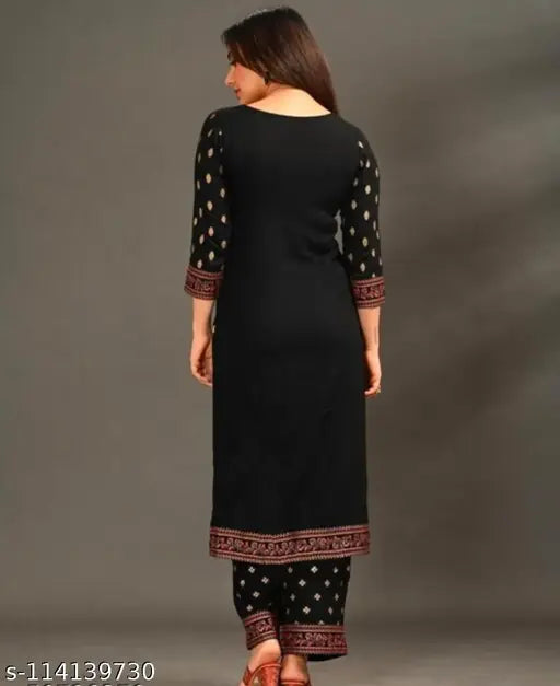 Black printed rayon kurta palazzo ethnic set with three-quarter sleeves - ideal for festive and casual wear, India origin