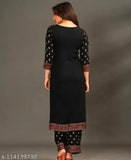 Black printed rayon kurta palazzo ethnic set with three-quarter sleeves - ideal for festive and casual wear, India origin