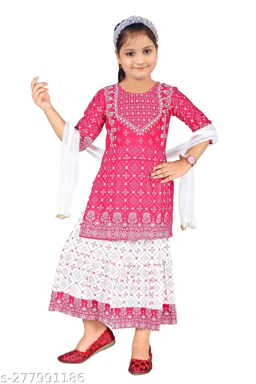 Printed rayon girls' kurta skirt set with chunri, pink and three-quarter sleeves. Indian kids fashion