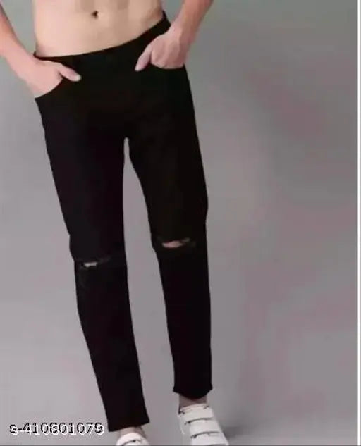Black denim men's jeans with knee cuts, solid pattern, perfect for various occasions