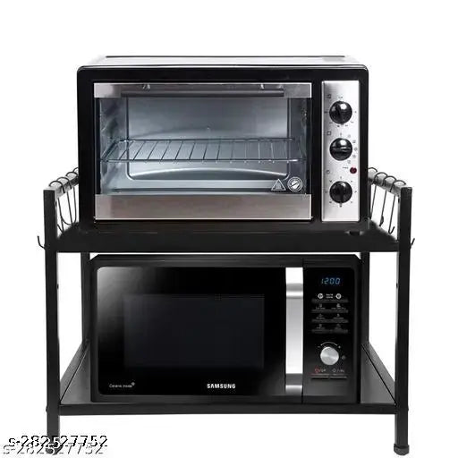 Green and black two-tier oven stand with 8 hooks for a microwave oven