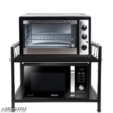 Green and black two-tier oven stand with 8 hooks for a microwave oven