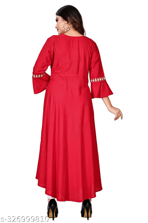 Embroidered rayon ghera kurty with long sleeves, comfortable for all women (M: Bust 38", L: Bust 40", XL: Bust 42", XXL: Bust 44"), India origin