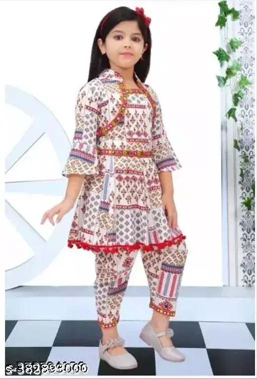 Cotton Cambric A-line dhoti pants and embellished knee-length top set for girls, Indian ethnic clothing for infants to 10-year-olds
