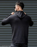 Black polyester long sleeve hoodie, solid design for men on display rack