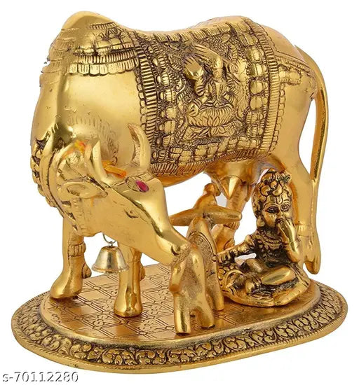 Gold Kamdhenu cow statue with Bal Gopal Krishna