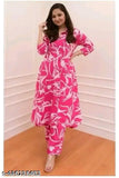 Pinkteetar women's printed A-line kurta pant set, rayon fabric with three-quarter sleeves, Indian-inspired print on display