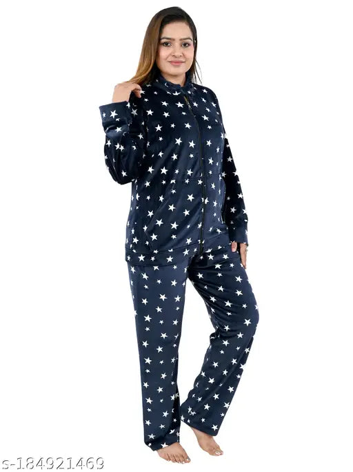 Navy Blue velvet pajama set, floral design women's night suit, premium quality long sleeve round neck