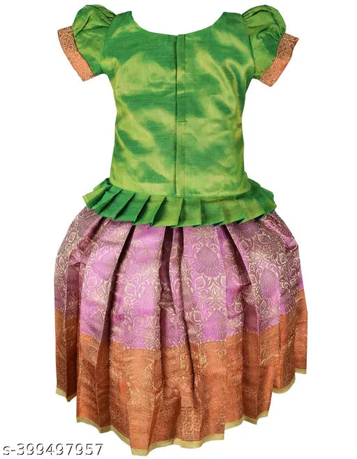 Kids traditional pattu pavadai lehenga choil set in tissue & art silk, applique stitched net. Perfect festive wear for 0-5 year olds, India origin