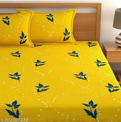 Glace cotton, elastic queen fitted bedsheet with non-slip feature & floral pattern, comes with 2 pillow covers. Upgrade bedroom style. Made in India