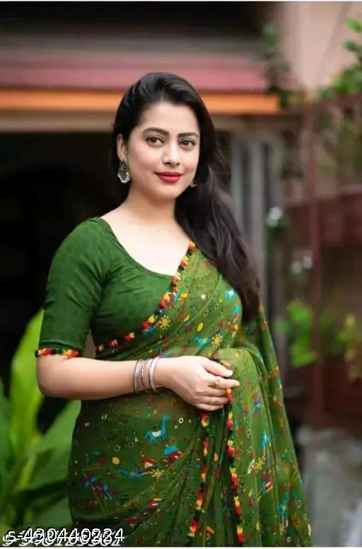 Soft georgette kalamkari saree with animal print, multi-colored lace borders