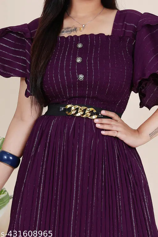 Purple silk dress with ruffled sleeves and belt