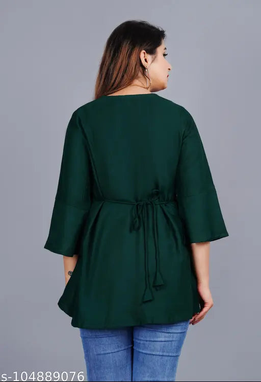 Bottle green rayon top for women with embroidery, three-quarter sleeves - handcrafted Indian fashion