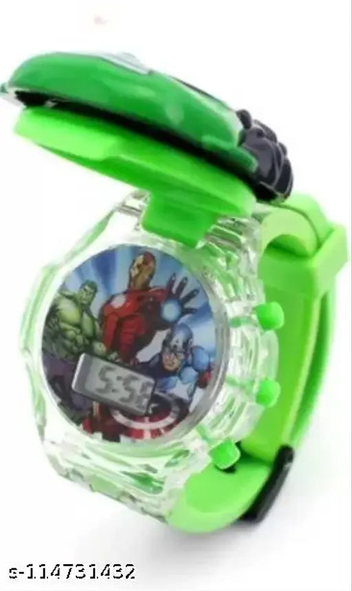 Digital watch with glow, superhero theme, black and green design