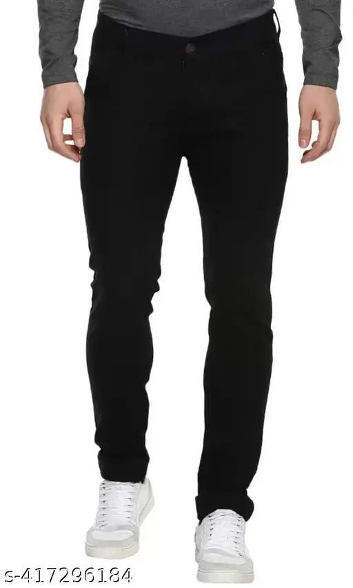 Black cotton men's branded slim fit jeans with modern wash pattern, comfortable mid-rise. Available in sizes: 28, 30, 32 (28waist-40length-35hip, 30waist-40length-37hip, 32waist-40length-39hip). Made in India