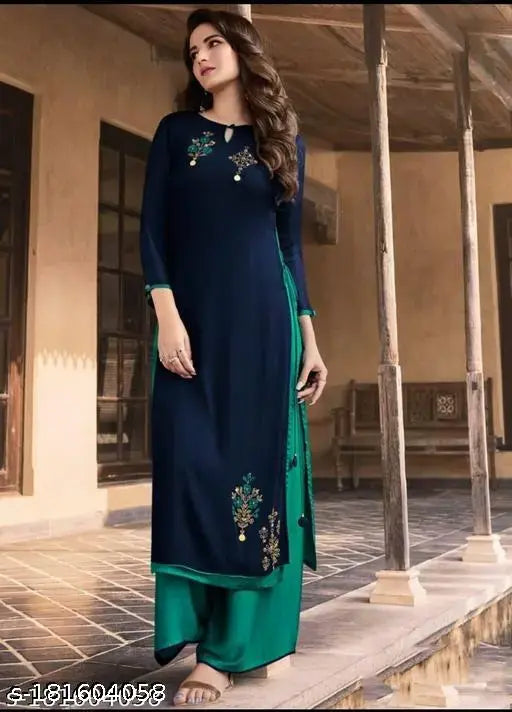 Women's Rayon Kurta Set with Palazzos, festive-wear embroidered viscose rayon, perfect for parties and daily wear