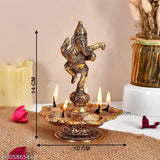 Metal Ganesh diya with 5 wick holder, antique Lord Ganesha oil lamp for pooja room Diwali home decoration, measures 10cm x 14cm x 10cm
