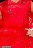 Red bamboo straight frock with printed pattern for kids, comes with dupatta. Indian children's clothing on display