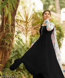 black georgette gown1, short sleeves, solid, kurti with dupatta set, printed combo, pastel shades, Indian-made