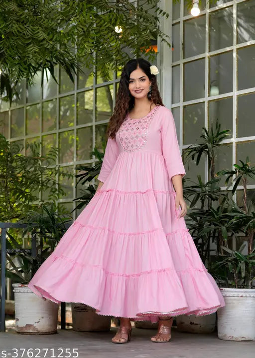 Pink rayon traditional Indian garment, long length anarkali kameez with mirror sequin embroidery