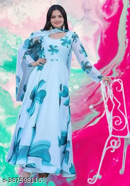 Fashionable printed sky georgette gown and dupatta set for women - Romantic heart pattern dress, perfect for special occasions