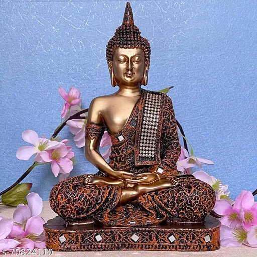 Golden bronze polyresin Buddha statue, 6x9x4 inches big size for living room decor and home gift showpiece