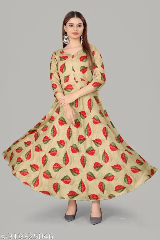 Leaf print flared long rayon kurta, three-quarter sleeves, printed combo. Plus size, designer heart neck lace border long Anarkali. Indian-made, available in M (38in bust), 5XL (50in bust), 8XL (56in bust), 9XL (58in bust)