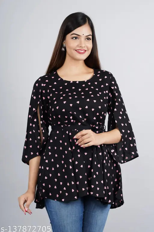 Black printed rayon top with three-quarter sleeves, Indian women's fashion wear