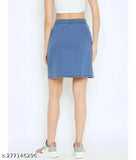 Mid-century blue denim skirt, flared hem, casual wear women's fashion
