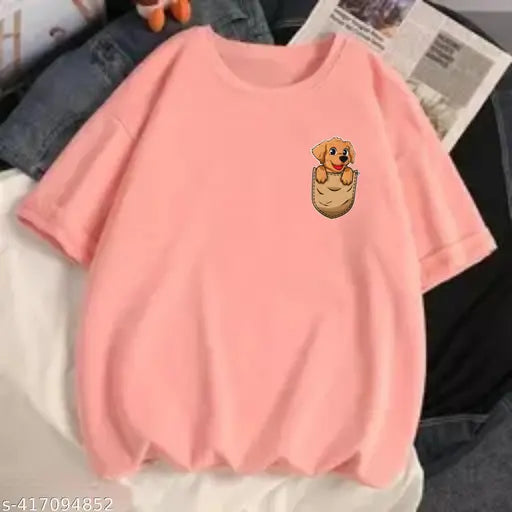 Oversized pink t-shirt with cartoon character print on chest, long sleeves