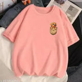 Oversized pink t-shirt with cartoon character print on chest, long sleeves
